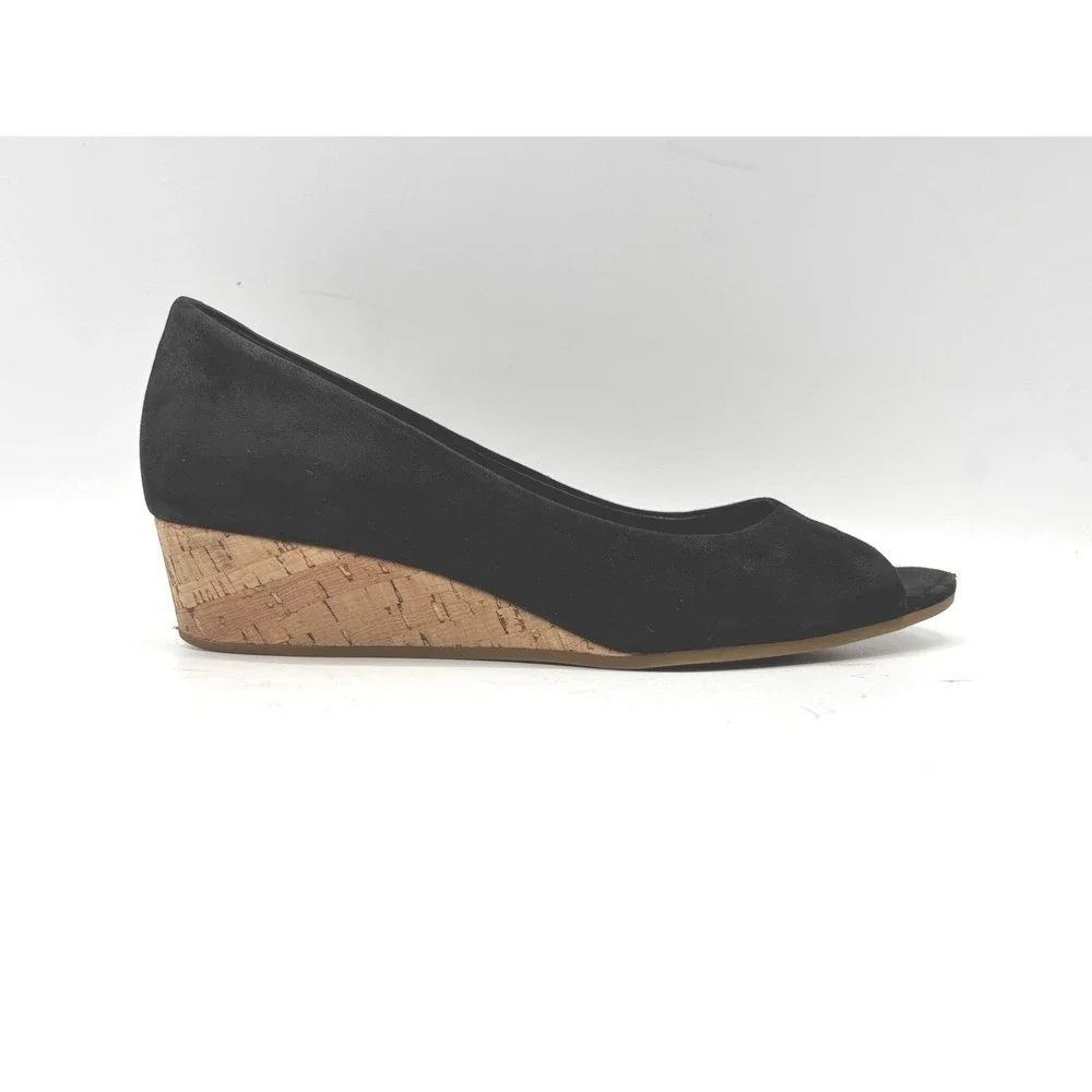 Cole Haan Women's Black Suede Peep Toe Cork Wedge Pumps Classic Dress Shoes
